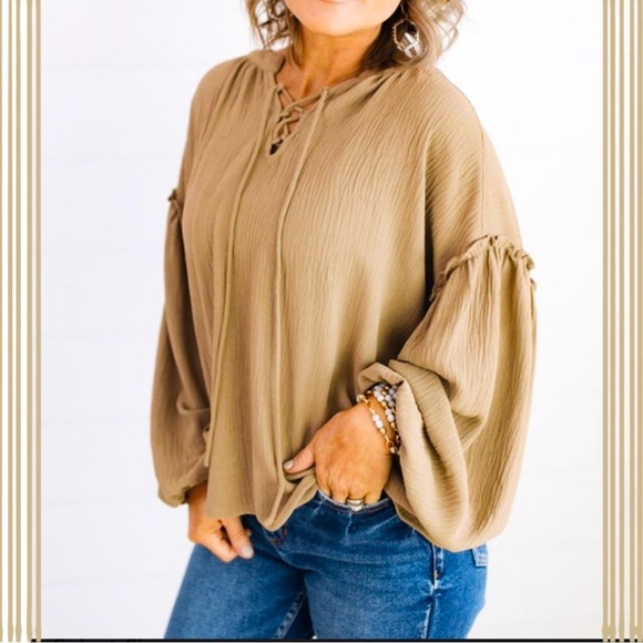 Lace-Up Peasant Top- Taupe - Picture 1 of 8